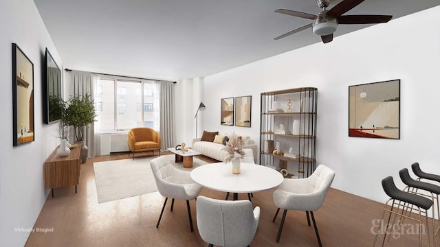 living area with ceiling fan