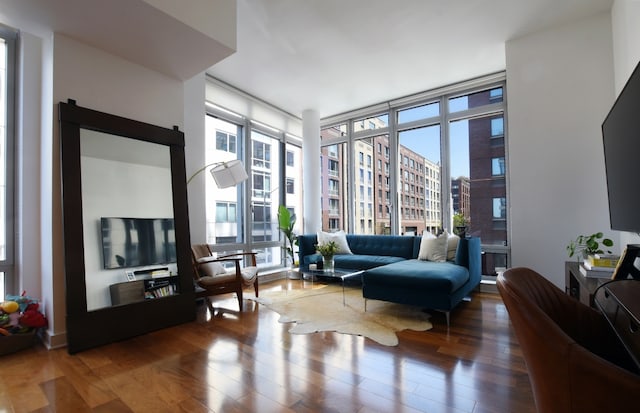 sitting room with a wealth of natural light, wood-type flooring, and floor to ceiling windows