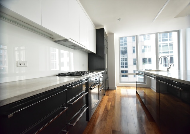 2 Northside Piers Unit 2-S, New York City, NY 11249 - kitchen featuring modern cabinets, stainless steel gas cooktop, dark cabinetry, and dark wood finished floors