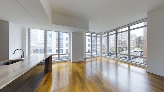 interior space featuring hardwood / wood-style flooring, a wall of windows, a healthy amount of sunlight, and sink