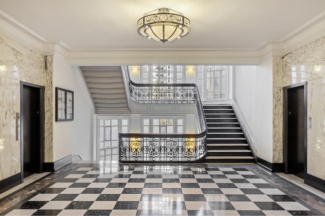 2109 Broadway Unit 902, New York City, NY 10023 - entryway featuring elevator, ornamental molding, and stairway