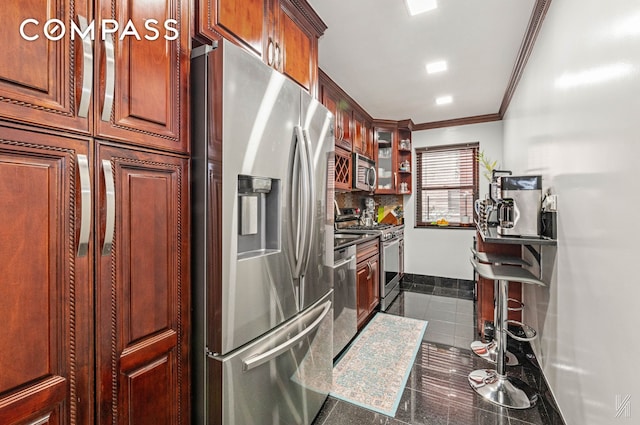 kitchen featuring ornamental molding, decorative backsplash, glass insert cabinets, baseboards, and stainless steel appliances