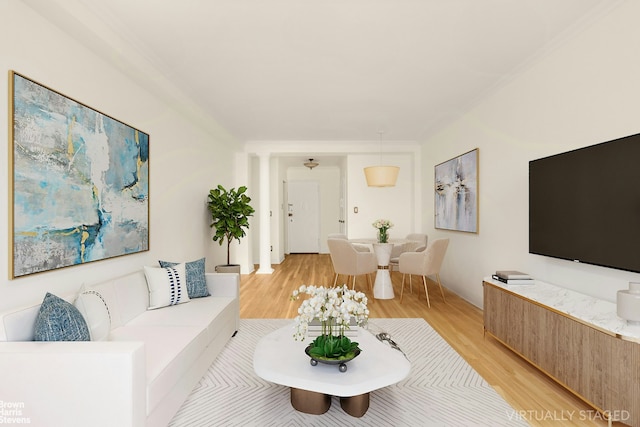 living room with ornamental molding and light wood finished floors