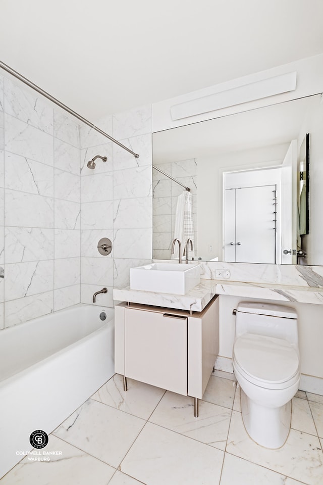 250 E 53rd St Unit 3004, New York City, NY 10022 - bathroom featuring marble look tile flooring, vanity, shower / bath combo with shower curtain, and toilet