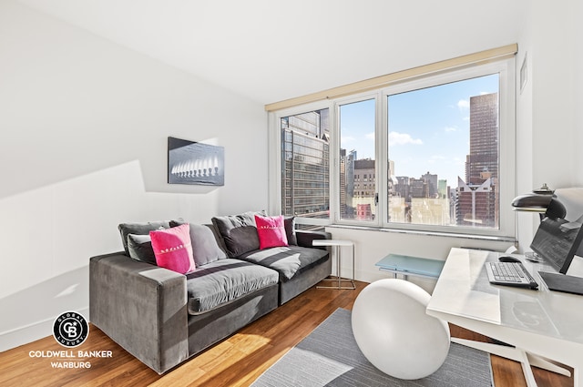 250 E 53rd St Unit 3004, New York City, NY 10022 - living room with wood finished floors, a view of city, and a desk