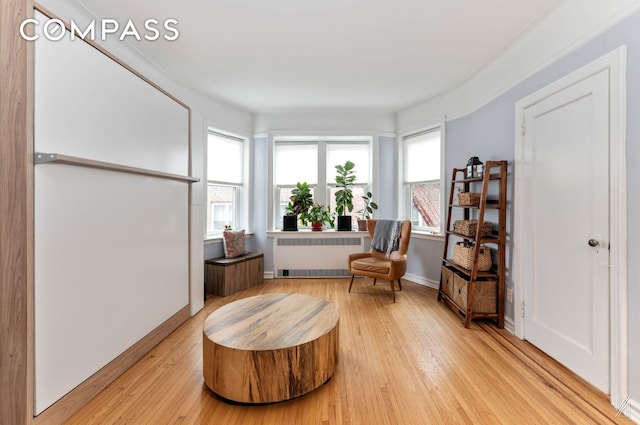 sitting room with baseboards, light wood-style floors, and radiator