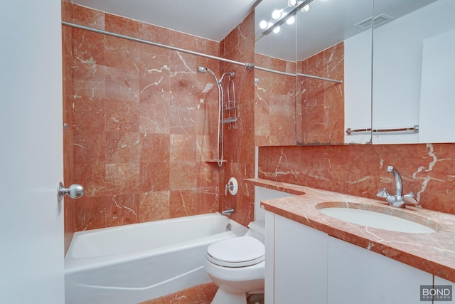 full bathroom with toilet, vanity, visible vents, shower / washtub combination, and decorative backsplash