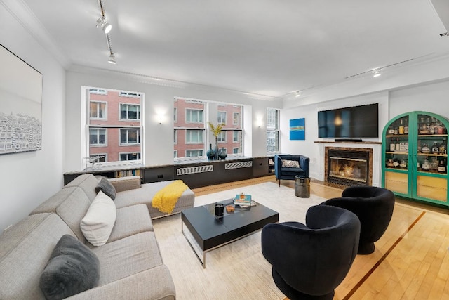 living room with a premium fireplace, rail lighting, ornamental molding, and light hardwood / wood-style floors