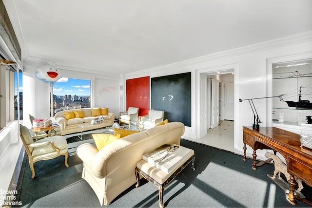 living room with ornamental molding