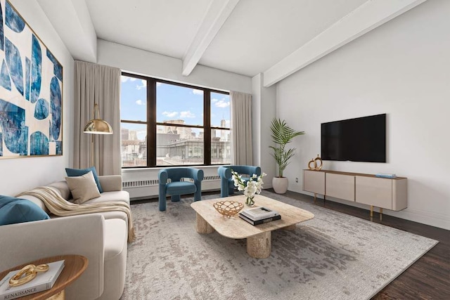 living room with beam ceiling, radiator, and hardwood / wood-style floors