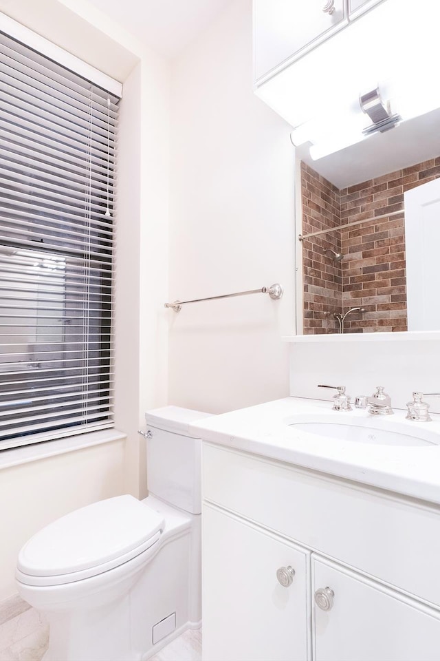 full bathroom featuring vanity, toilet, and walk in shower