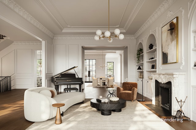 12-14 E 64th St, New York City, NY 10065 - sitting room with an inviting chandelier, built in features, a decorative wall, a fireplace, and dark wood finished floors