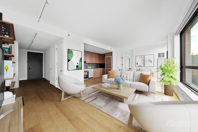 dining area featuring light wood-style floors, baseboards, and rail lighting