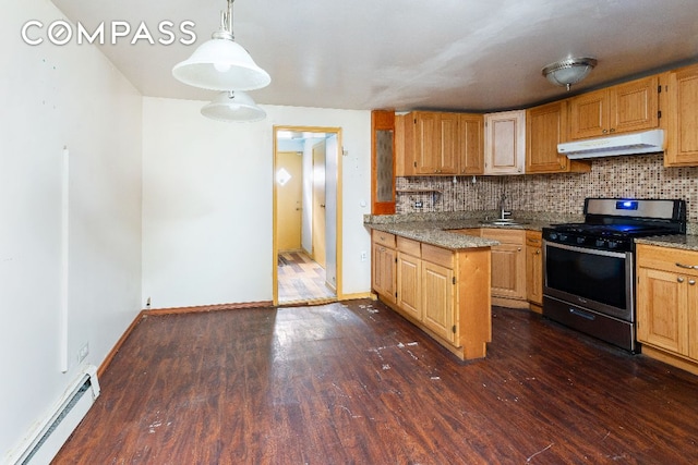 kitchen featuring a baseboard heating unit, dark wood-type flooring, stainless steel range with gas stovetop, and decorative backsplash