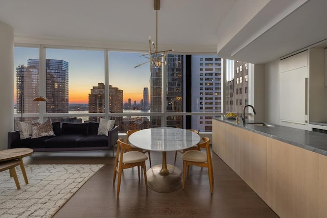 dining room featuring a view of city, floor to ceiling windows, dark wood-style flooring, and a wealth of natural light