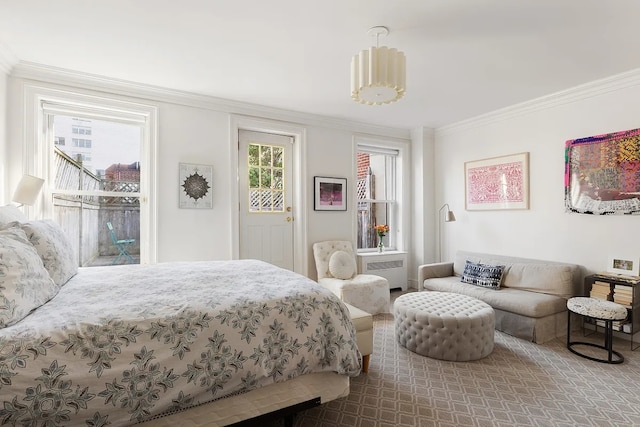 bedroom with radiator, access to exterior, and ornamental molding