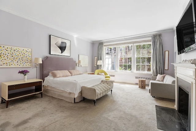 134 E 62nd St, New York City, NY 10065 - bedroom featuring radiator heating unit, crown molding, carpet, and a fireplace