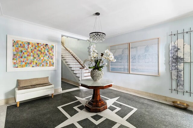 134 E 62nd St, New York City, NY 10065 - dining area featuring stairs, a chandelier, and ornamental molding