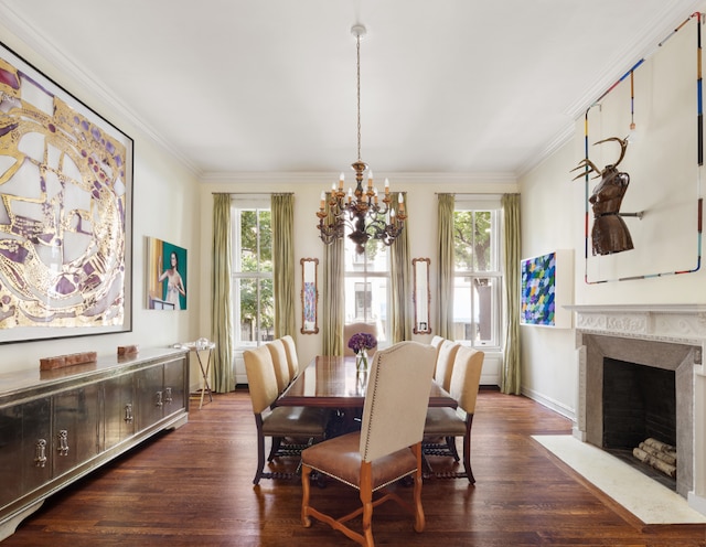 dining area with plenty of natural light, crown molding, and dark hardwood / wood-style flooring