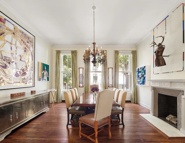 dining area with a healthy amount of sunlight, dark wood-type flooring, and ornamental molding