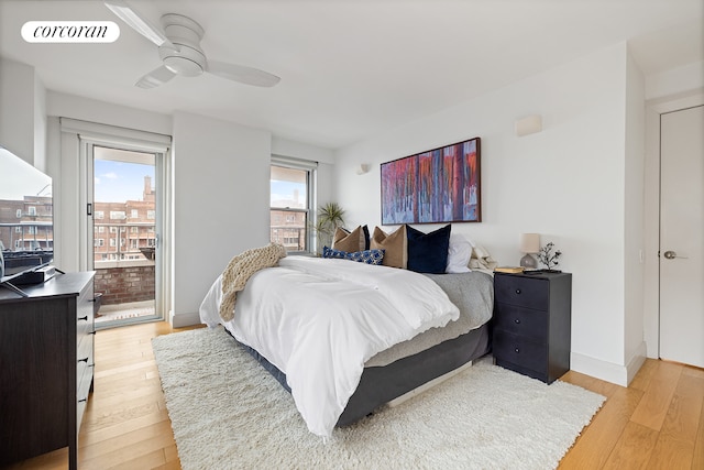 bedroom featuring access to outside, light wood-style flooring, baseboards, and ceiling fan
