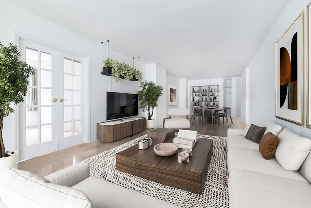 living area with wood finished floors and french doors