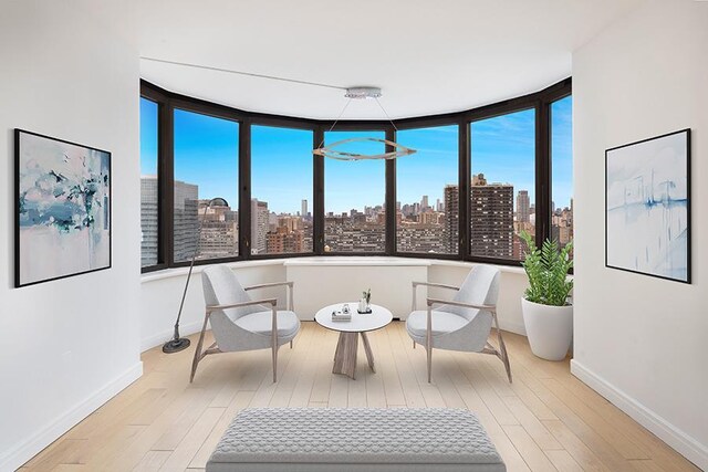 interior space with a city view, plenty of natural light, and wood finished floors