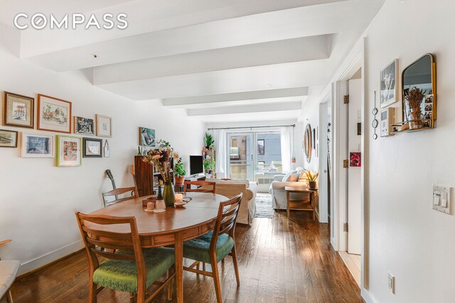 dining area featuring french doors, beamed ceiling, hardwood / wood-style flooring, and baseboards