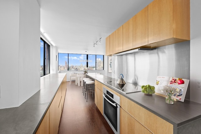 45 W 67th St Unit 27D, New York City, NY 10023 - kitchen featuring stainless steel oven, rail lighting, dark wood finished floors, modern cabinets, and light brown cabinetry