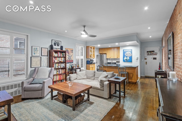 155 W 80th St Unit 4B, New York City, NY 10024 - living area with dark wood-style flooring, ceiling fan, plenty of natural light, recessed lighting, and radiator