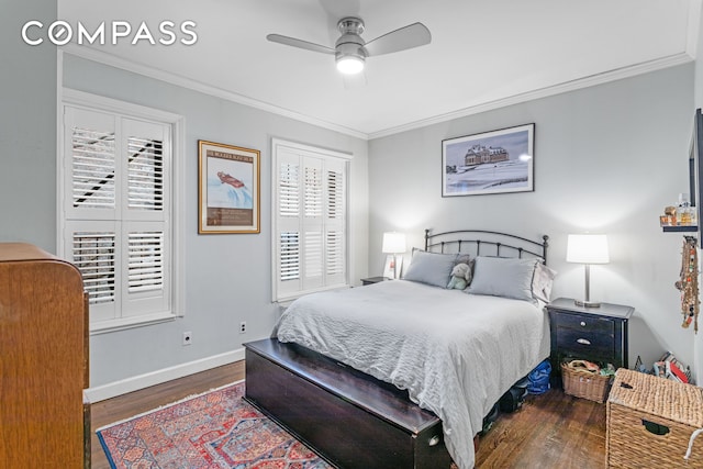 bedroom featuring ceiling fan, ornamental molding, wood finished floors, and baseboards