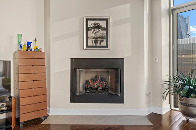 detailed view of wood finished floors, a fireplace, and baseboards