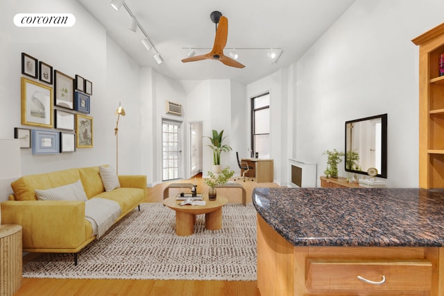 living area featuring light wood-style floors, rail lighting, visible vents, and ceiling fan