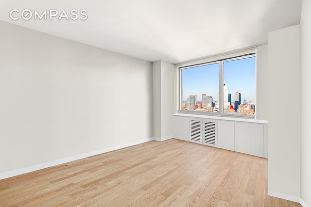 unfurnished room with light wood-type flooring, baseboards, and a skyline view