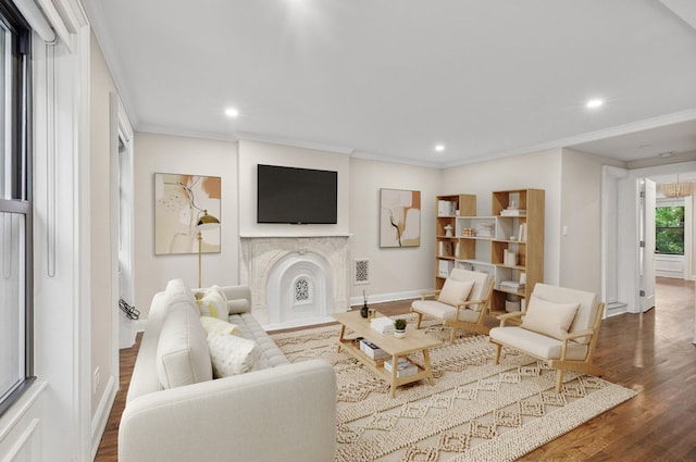 46 Clifton Place, New York City, NY 11238 - living room featuring baseboards, wood finished floors, ornamental molding, a fireplace, and recessed lighting