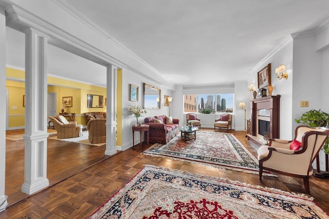 living room featuring decorative columns, crown molding, and dark parquet floors