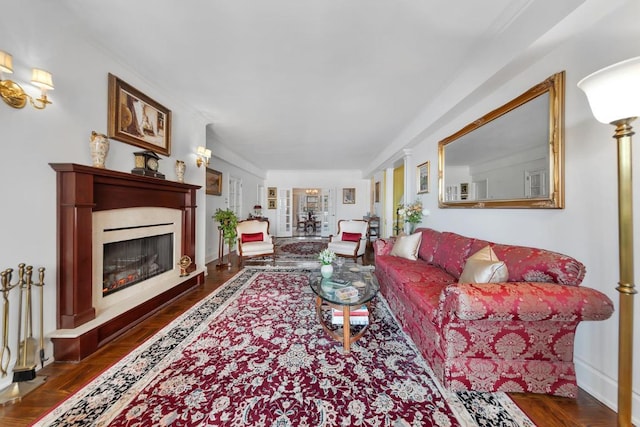 living room featuring dark parquet floors