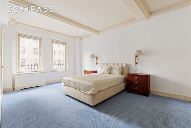 carpeted bedroom with beam ceiling and crown molding