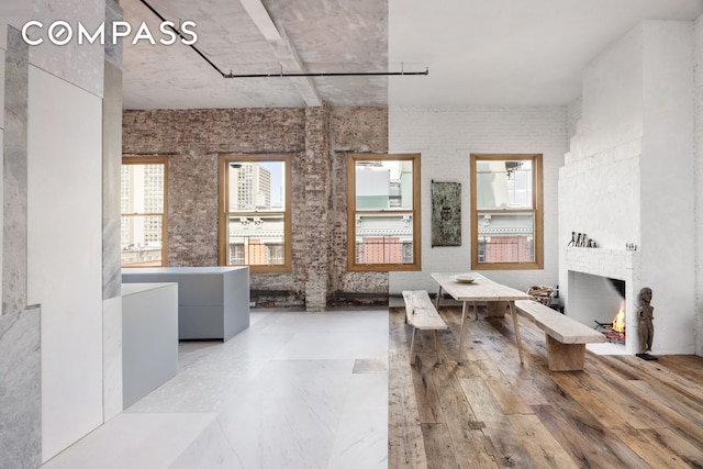 interior space featuring a large fireplace