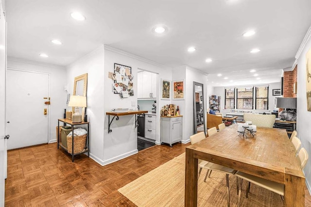 dining room featuring ornamental molding and parquet floors