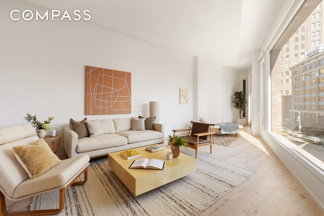 living room featuring a wealth of natural light and wood finished floors