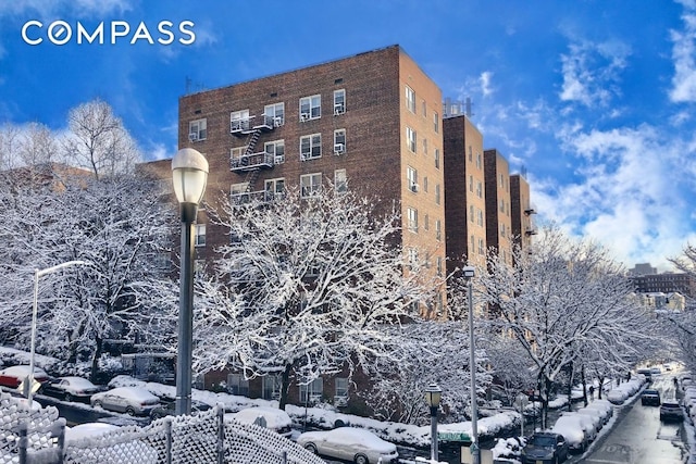 view of snow covered building