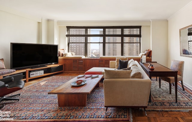 living area featuring ornamental molding