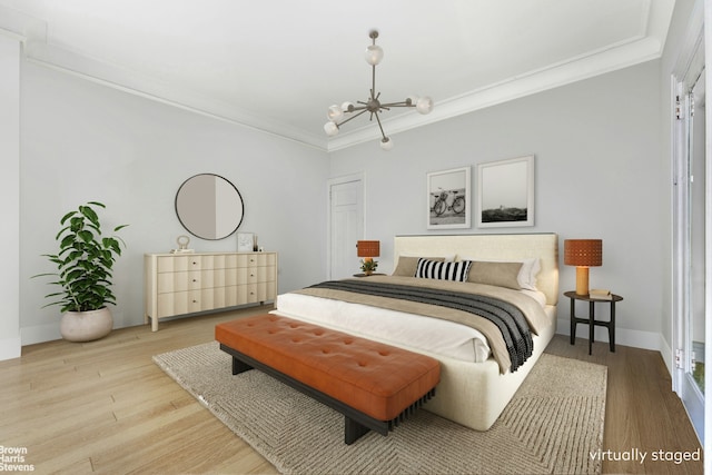 310 W 86th St Unit 3A, New York City, NY 10024 - bedroom featuring a chandelier, ornamental molding, light wood-style floors, and baseboards