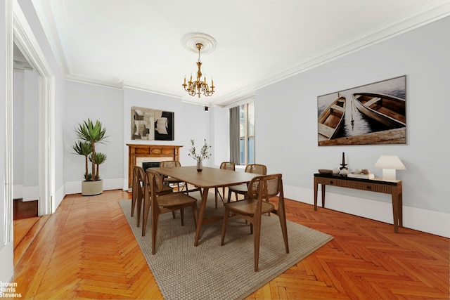 310 W 86th St Unit 3A, New York City, NY 10024 - dining space featuring a chandelier, crown molding, a high end fireplace, and baseboards