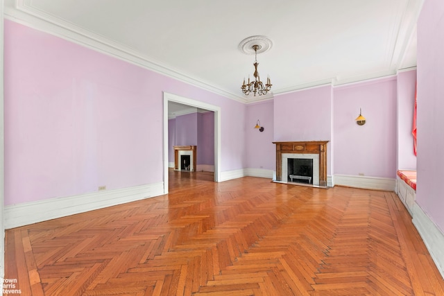 310 W 86th St Unit 3A, New York City, NY 10024 - unfurnished living room featuring a fireplace, a chandelier, crown molding, and baseboards