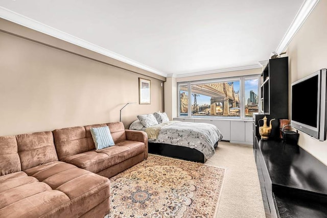 bedroom featuring crown molding and carpet