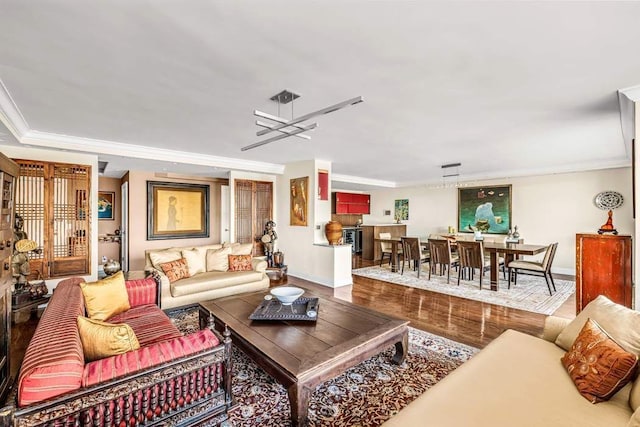 living room with crown molding and wood-type flooring