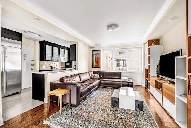 living area featuring bar with sink, light wood-type flooring, and crown molding