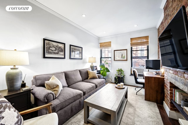 living room with recessed lighting, wood finished floors, visible vents, and crown molding